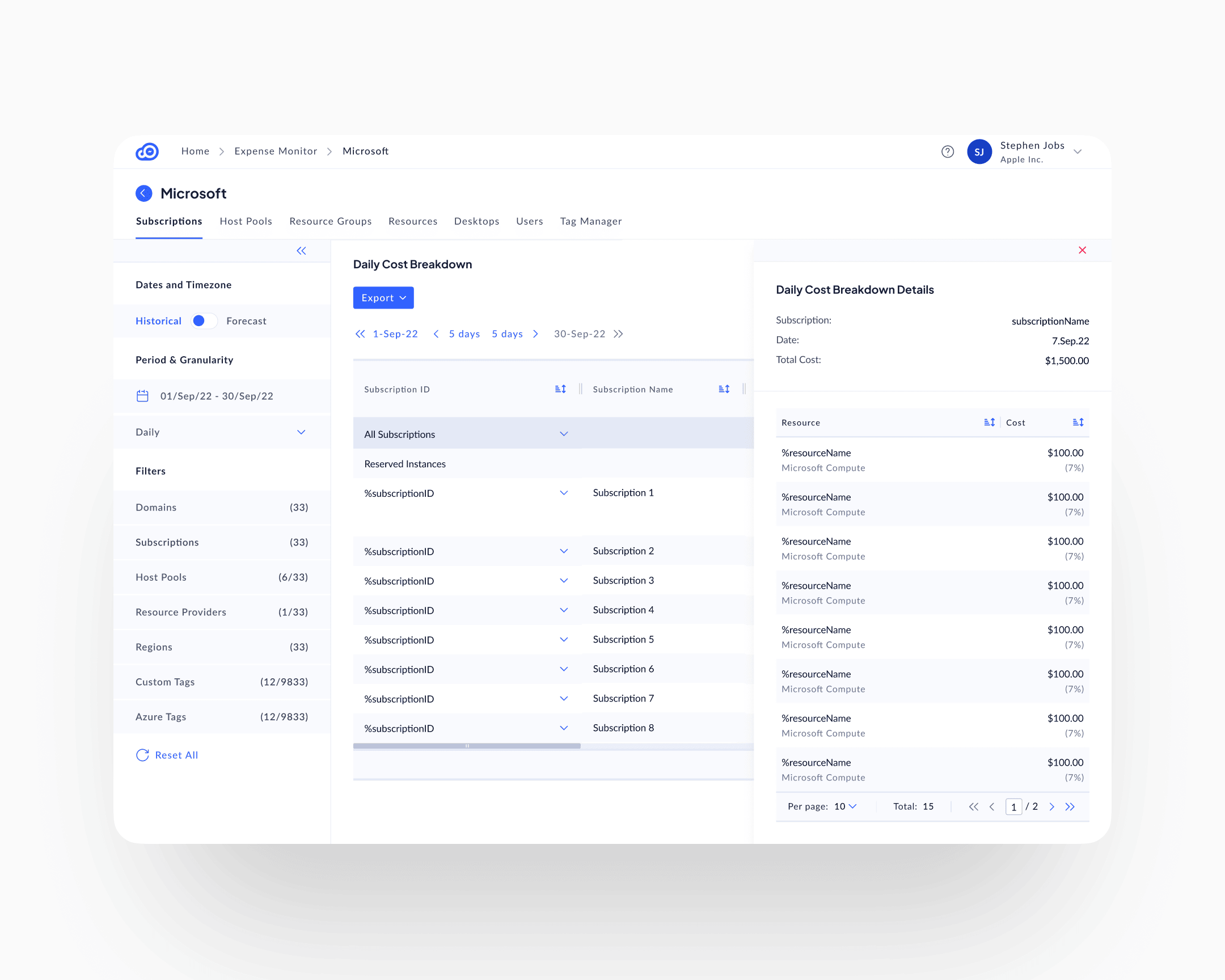 Expense Monitor, matrix drill: same hierarchy tabs and persistent left rail; the centre column showing the Daily Cost Breakdown matrix with date-window pagination, subscription rows (All Subscriptions, Reserved Instances, individual subscriptions) and daily columns; one matrix row selected, opening a right-side Daily Cost Breakdown Details panel scoped to one subscription on one day, with a per-resource cost breakdown