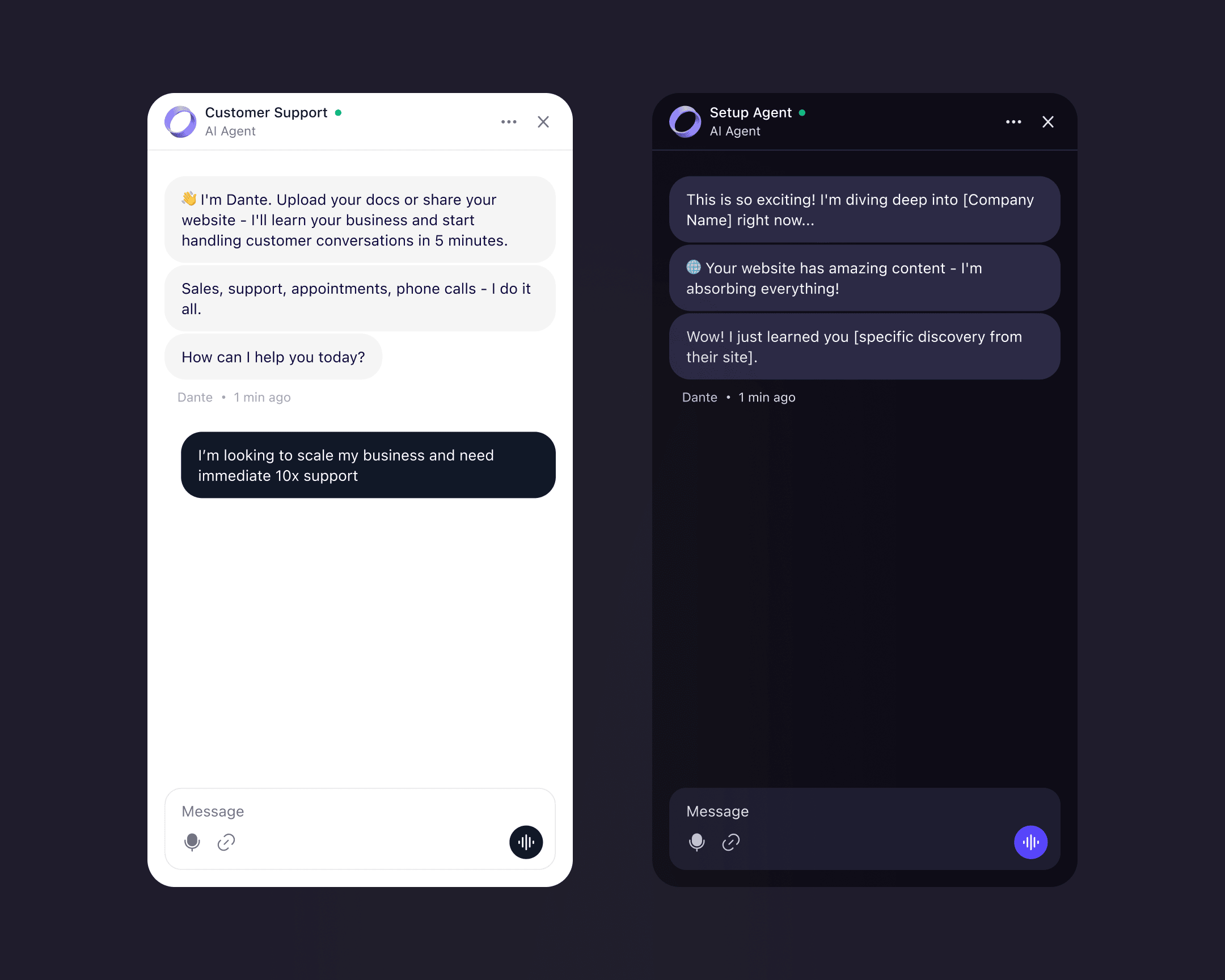 The two widgets side by side: the homepage widget on the left used as a research instrument, and the 60-second agent on the right used as an activation surface