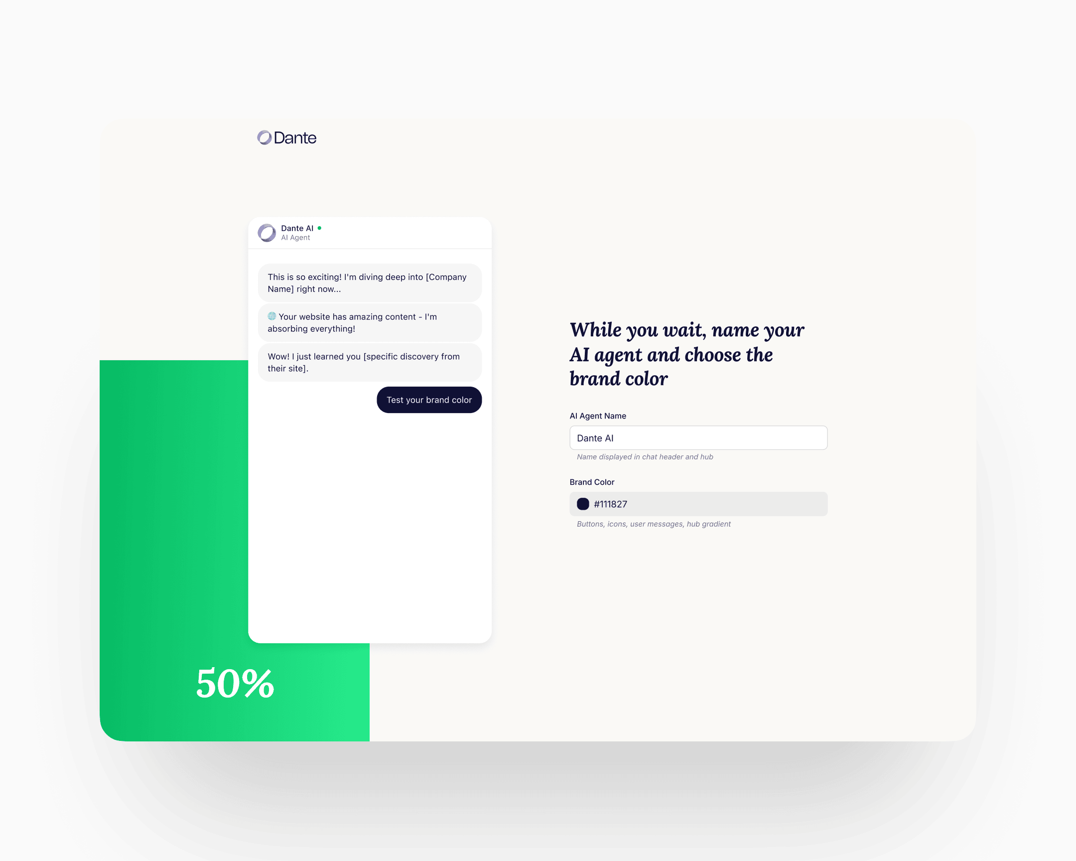 Step 2: name and brand-colour selection while the agent trains in the background, with the fifty-percent progress bar and streamed contextual chat visible