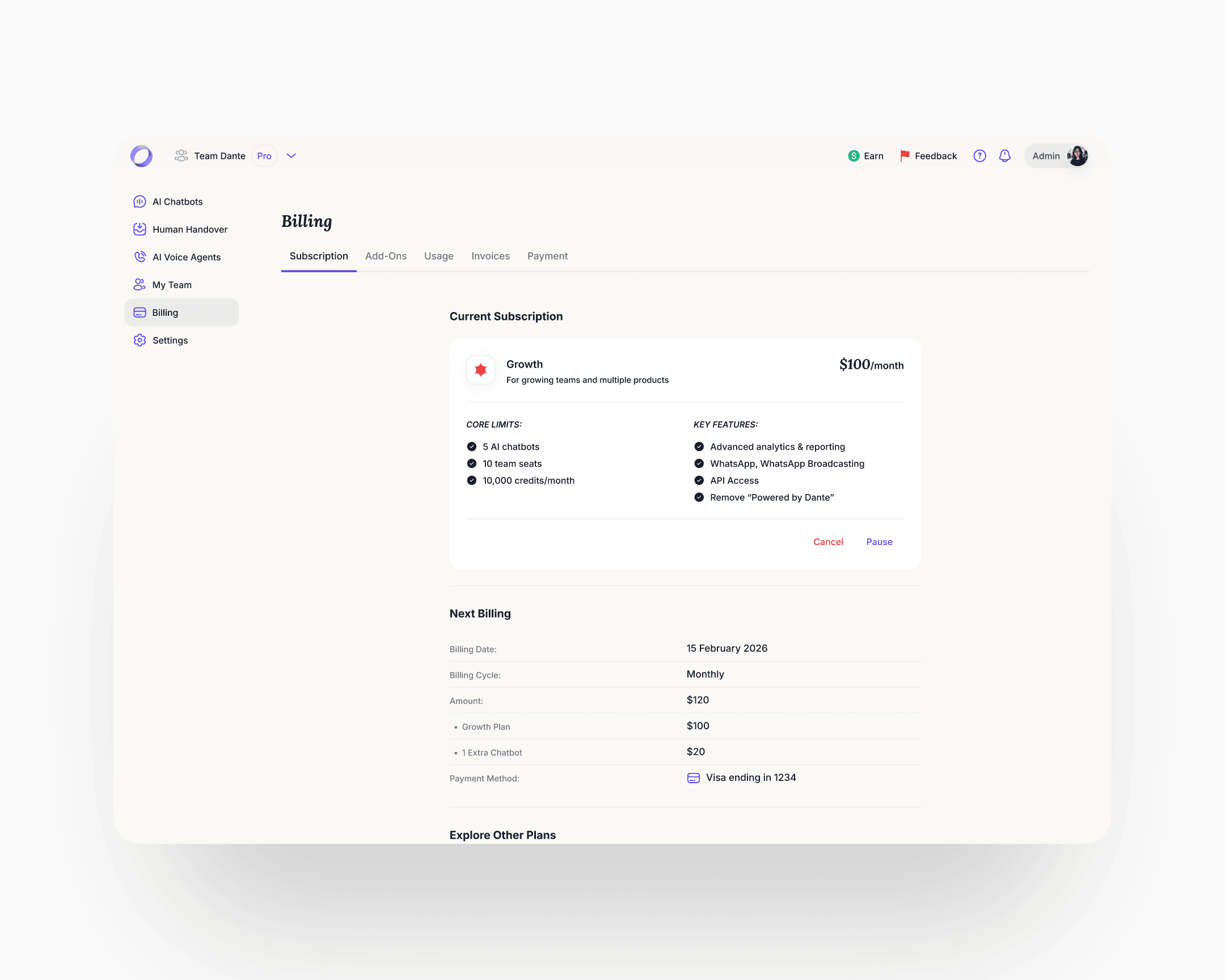 Billing, Subscription tab: the current Growth plan with core limits and key features, alongside a next-billing breakdown by line item and the active payment method
