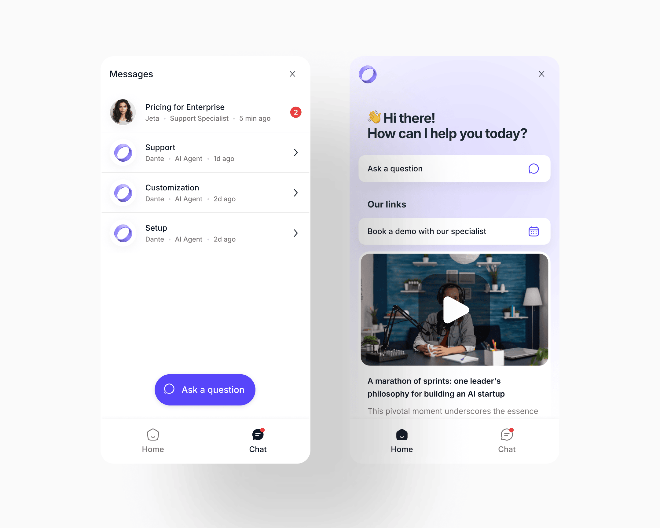 The new multi-chat widget in two states: the Chat tab on the left holds a named conversation list with topic, specialist or AI agent attribution, unread count, and last-active time; the Home tab on the right surfaces entry points (Ask a question, Book a demo) alongside curated content
