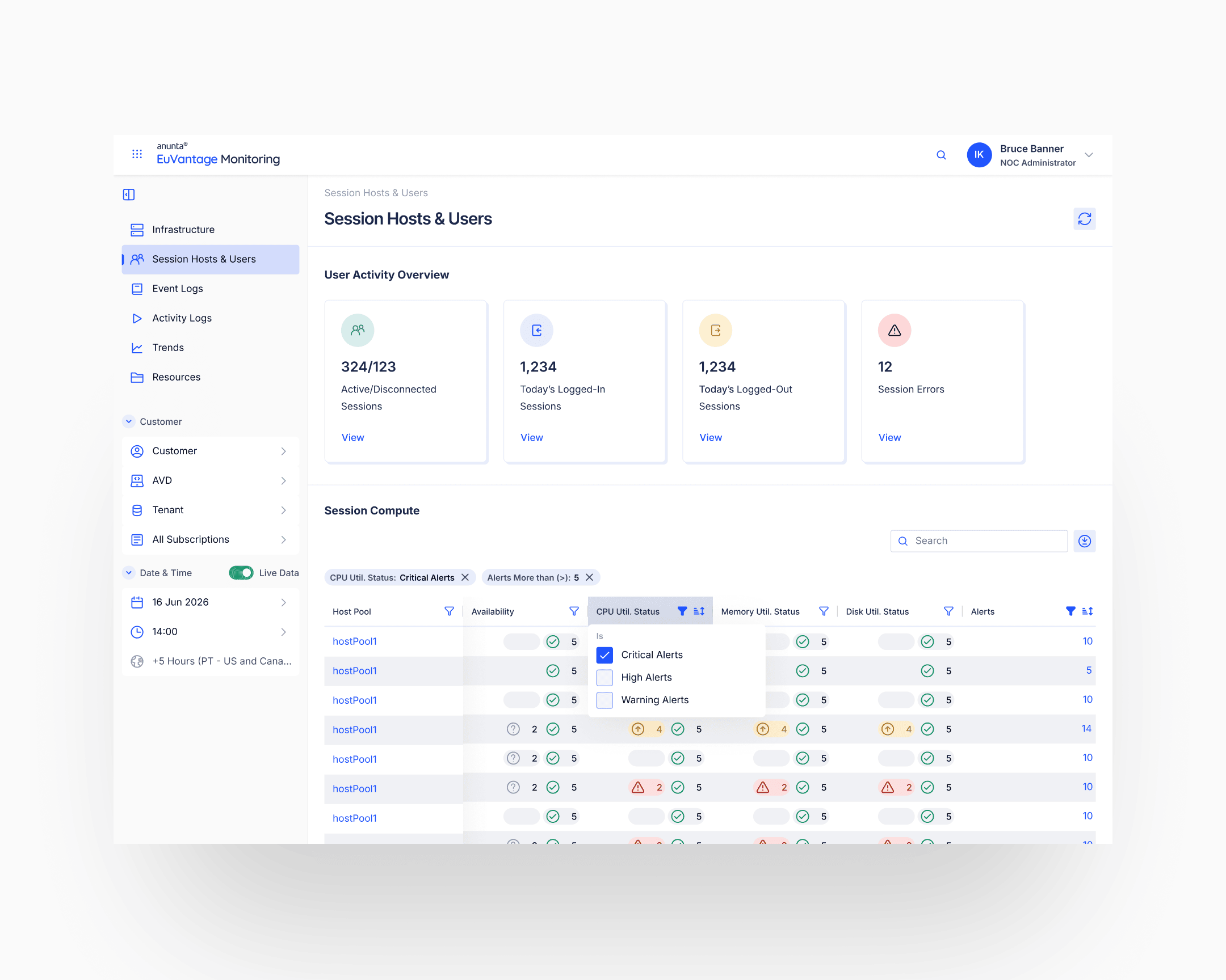 Session Hosts and Users surface: same red, orange, blue, and toned-down green semantics carried across an entirely different data set than the Infrastructure module