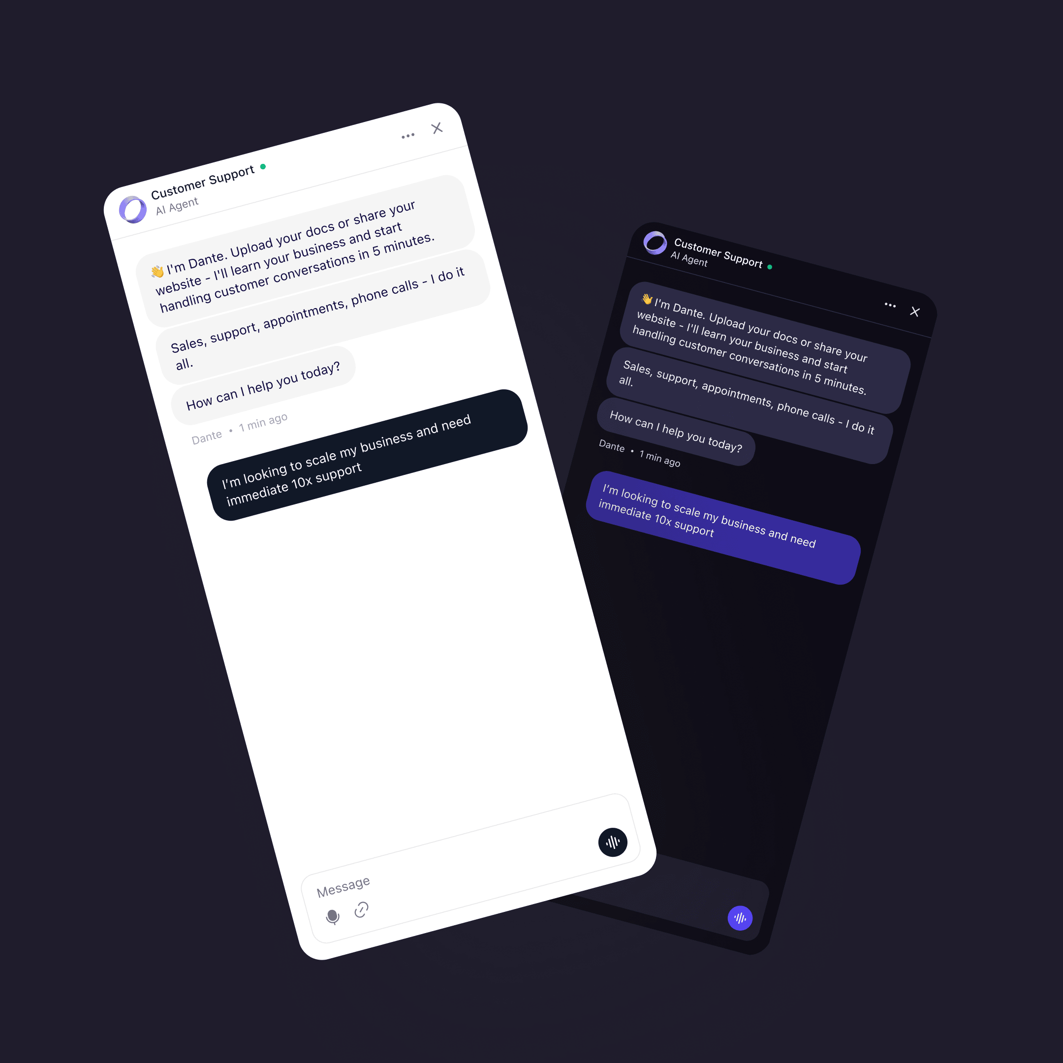 Dante AI — chat widget light and dark