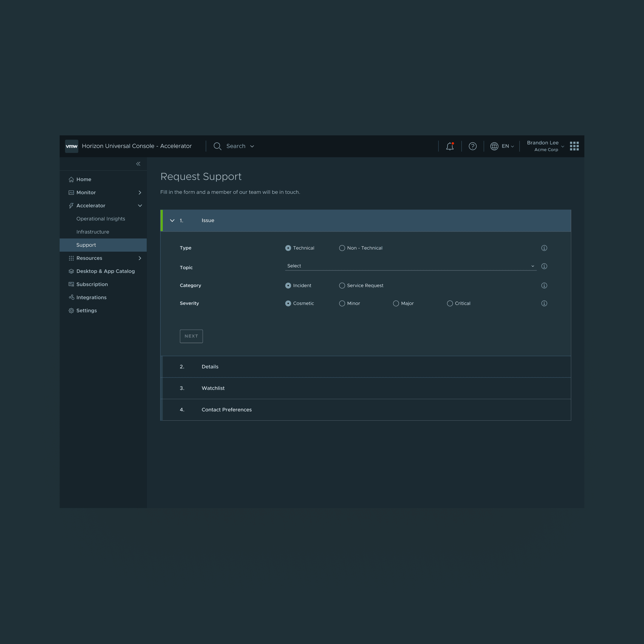 VMware Horizon Accelerator — guided support request